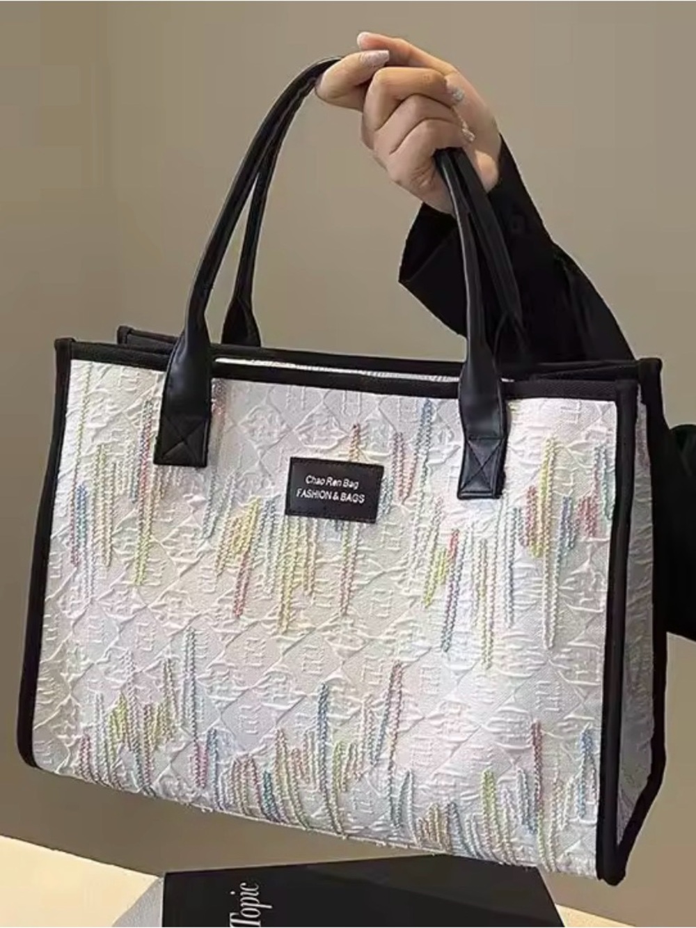 Vintage White Tote with Black Trim and Pastel Embroidery